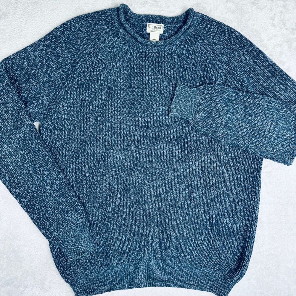 Vintage LL Bean Sweater Men L Tall Blue Roll Neck Chunky Knit Cotton Fisherman